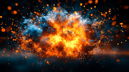 Fototapeta premium Fiery explosion with blue and orange smoke.