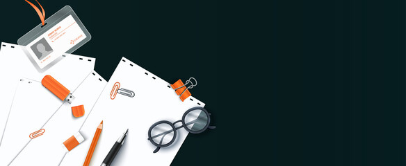 Flat Lay of Office Supplies on Dark Background