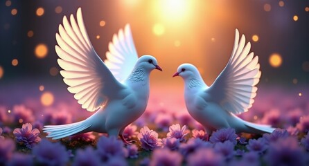 Doves (Easter) – White birds symbolizing peace and renewal. Flying gracefully, these white doves represent renewal and peace amidst soft, glowing light. A serene 4k HD image.
