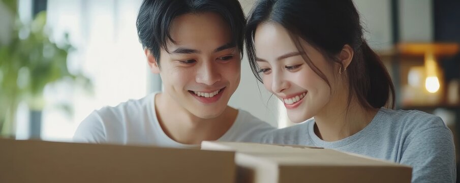 Asian couple checking the list of stuff before packing to cardboard for relocation move out of apartment, Generative AI