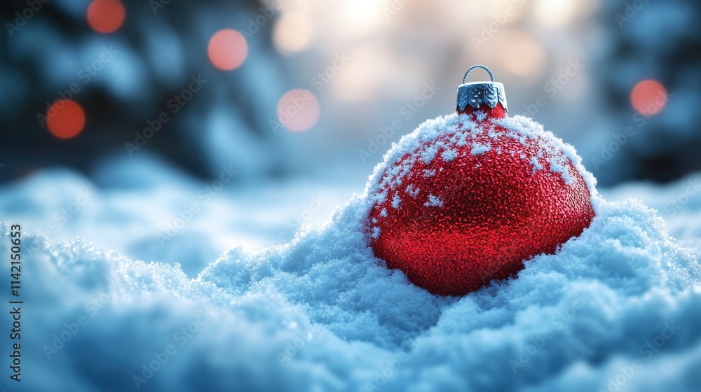 Aufkleber red christmas ball on snow with bokeh background 3d rendering