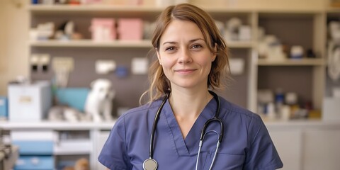 Portrait of a veterinarian in an animal clinic, with a welcoming expression