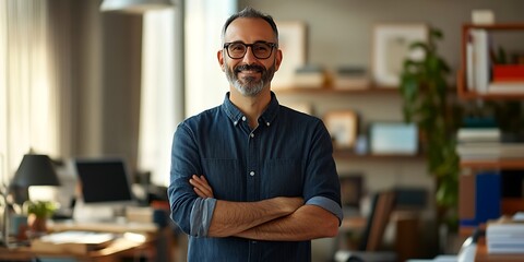 Art director standing proudly in a design studio, overseeing a creative project and team