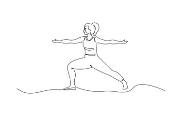 Women doing yoga one line drawing. Aerobic sport girl exercise for modern healthy lifestyle, Continuous one line drawing of yoga girl. Workout concept of woman exercise standing with hands.