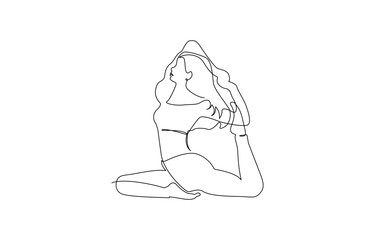 Women doing yoga one line drawing. Aerobic sport girl exercise for modern healthy lifestyle, Continuous one line drawing of yoga girl. Workout concept of woman exercise standing with hands.