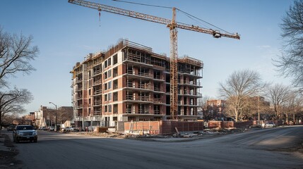 Modern apartment building under construction with cranes and clear sky