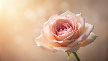 A delicate pink rose with a gentle, soft texture and subtle sheen on its petals, set against a warm, creamy background , soft