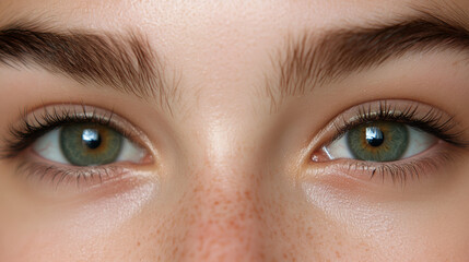 Obraz premium Close-up of a young person's eyes revealing green irises and natural beauty features with subtle freckles