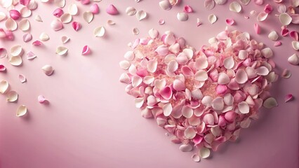 Fototapeta premium Delicate rose petals scattered on a soft pink background with a heart-shaped overlay