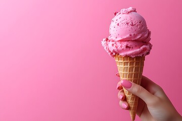 Hand holding strawberry ice cream cone