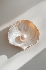 Light beige shell holding a single delicate pearl, centered on a clean white background. Minimalist design with sharp details and soft lighting