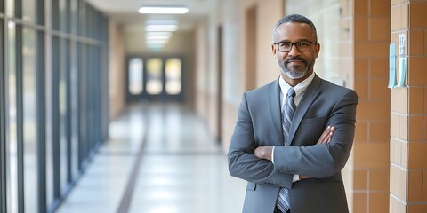 Principal standing proudly in a school hallway, overseeing the educational environment and promoting student success