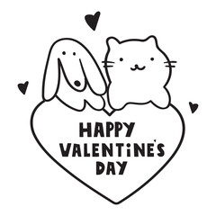 Cute dog and cat holding a heart. Valentine's day design. Valentine. Outline vector design. Illustration on white background.
