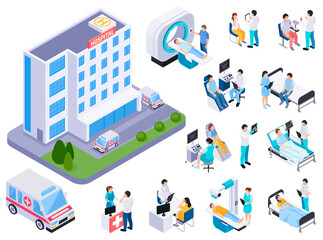 Isometric Hospital Scene with Medical Activities