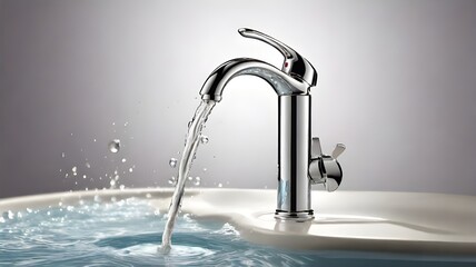 Modern chrome faucet with flowing water and splashing drops, cut out