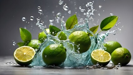 Set of fresh delicious limes splashing with leaves, cut out