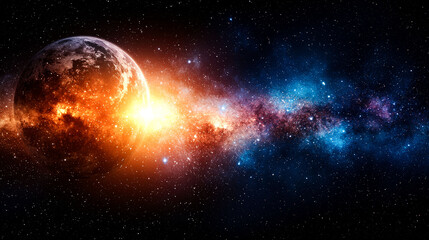 Fototapeta premium Fiery planet beside nebula.