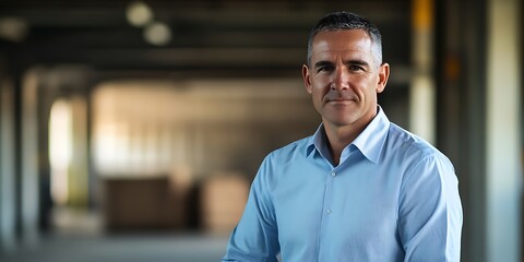 Portrait of a male manager standing proudly in a warehouse, overseeing team operations, smiling, portrait shot