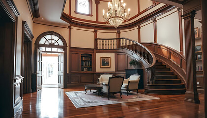 A spacious and elegant foyer with a curved staircase, hardwood floors, and decorative moldings, a warm, inviting atmosphere, Interior of home , foyer, created with generative ai
