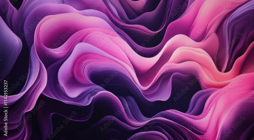 Poster a background of pink and purple wavy lines on black, creating an abstract design that resembles the 