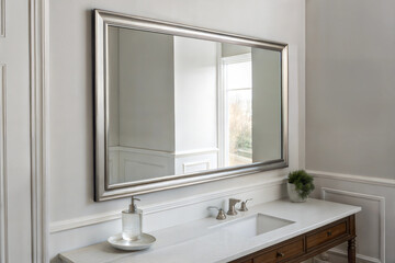 Modern mirror on a simple wall enhancing the elegant bathroom ambiance