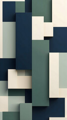 Abstract cubic minimalist background with sharp geometric blocks, mix of Midnight Blue, Sage Green, Ivory