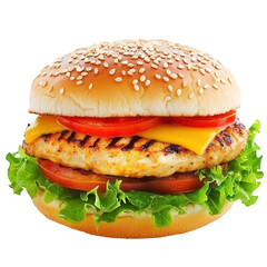 Delicious grilled chicken burger with fresh vegetables transparent background food studio mouthwatering concept