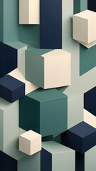 Abstract cubic minimalist background with sharp geometric blocks, mix of Midnight Blue, Sage Green, Ivory