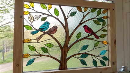 Whimsical Stained Glass Tree Panel with Colorful Birds