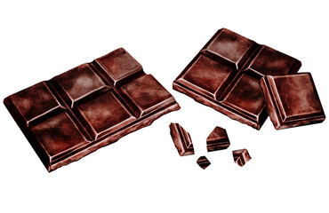 Chocolate bar watercolor set. Hand drawn slice of dark chocolate bar on isolated white background. Clip art of sweet dessert. Ideal for logo and packaging of sweets, coffee shop menu and recipes