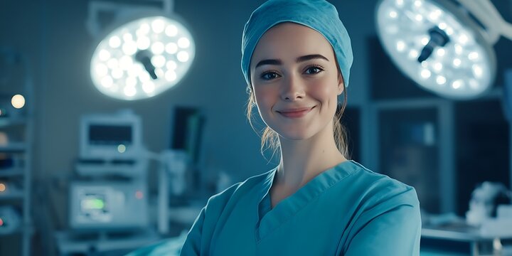 Female anesthesiologist standing confidently in an operating room, looking professional