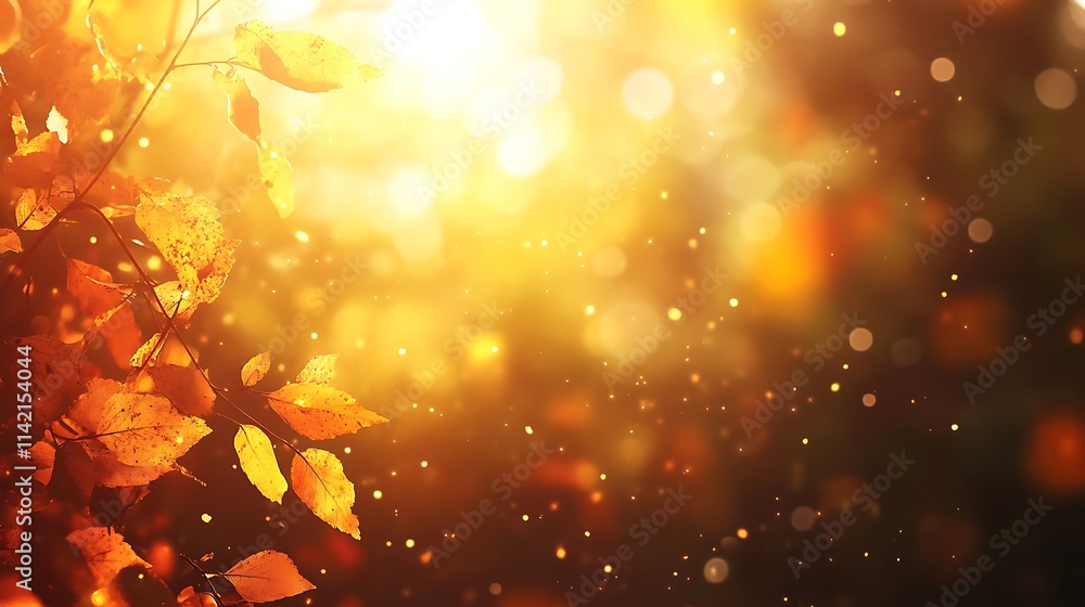 Poster warm autumn forest with sunlight filtering through branches and soft bokeh