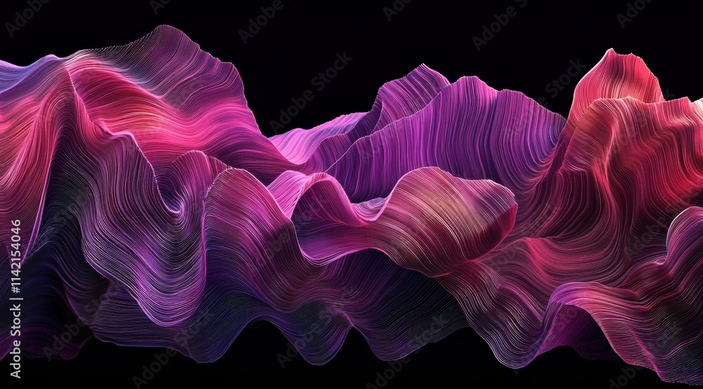 Poster a background of pink and purple wavy lines on black, creating an abstract design that resembles the 