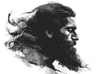 Man with a beard and long hair. The hair is blowing in the wind. The man is wearing earrings. flat vector illustration Bible stories
