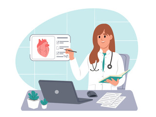 Cardiology concept. Doctor looks at a heart scan on a virtual screen while sitting at a table in a hospital. Diagnosis and treatment of heart disease. Vector flat illustration