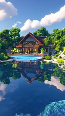 Obraz premium A serene lakeside house surrounded by lush greenery and a reflective pool.