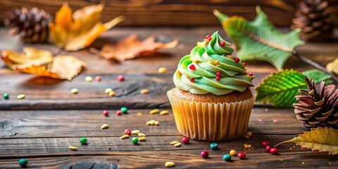 Colorful birthday cupcake with creamy frosting and sprinkles on a rustic wooden table, surrounded by natural elements like pinecones and leaves , birthday cupcakes, sweet treats