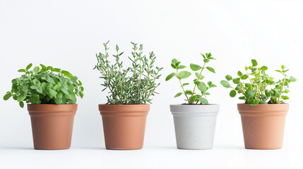 Different types of herbs in pots on white background 