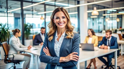 Fototapeta premium Successful, happy businesswoman smiling confidently in a modern office environment, representing teamwork, collaboration, and career success. 