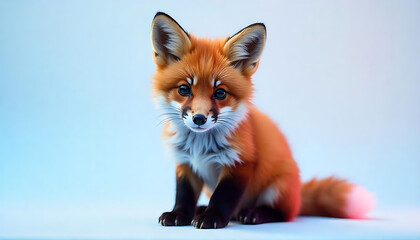 Obraz premium A young red fox with large ears and a fluffy tail sitting on a white background, Adorable fox cub with big eyes and fluffy tail, red fox cub, created with generative ai