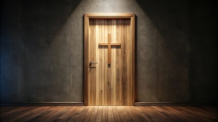 Naklejka premium Cross Shaping Door in Dark Room, dark ambiance , wooden door, dark ambiance