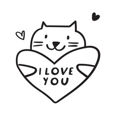 A cute smiling cat holds a heart with inscription - I love you. Valentine's Day design. Outline illustration.