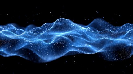 Abstract blue colors gradient wave on black background, blurry lights on dark noise texture, copy space, Generative AI