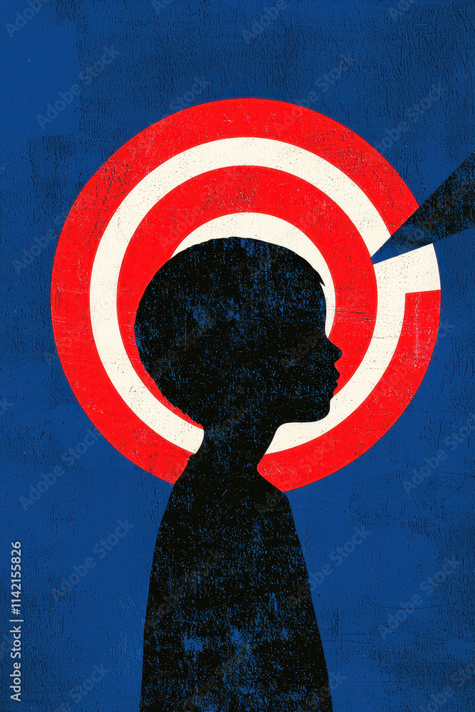 Poster conceptual illustration of a child's profile and target symbolizing focus and inner reflection in a 