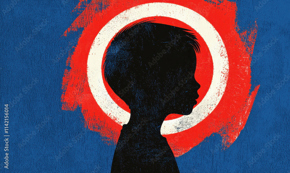 Poster dynamic silhouette of a child with bold red and blue abstract background featuring a striking circul