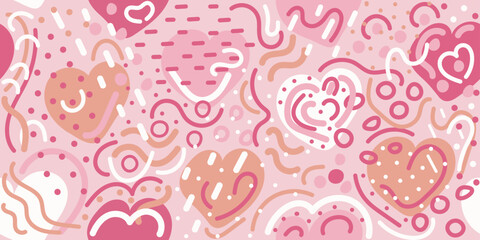 Colorful seamless doodle pattern: white, orange, pink hearts, dots, lines. Hand drawn vector illustration for cards, banners, wallpaper, textile, wrapping. Happy Valentines Day