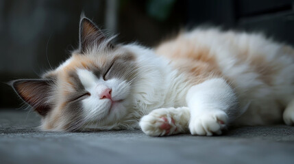 Fototapeta premium Fluffy cat sleeping peacefully on ground.