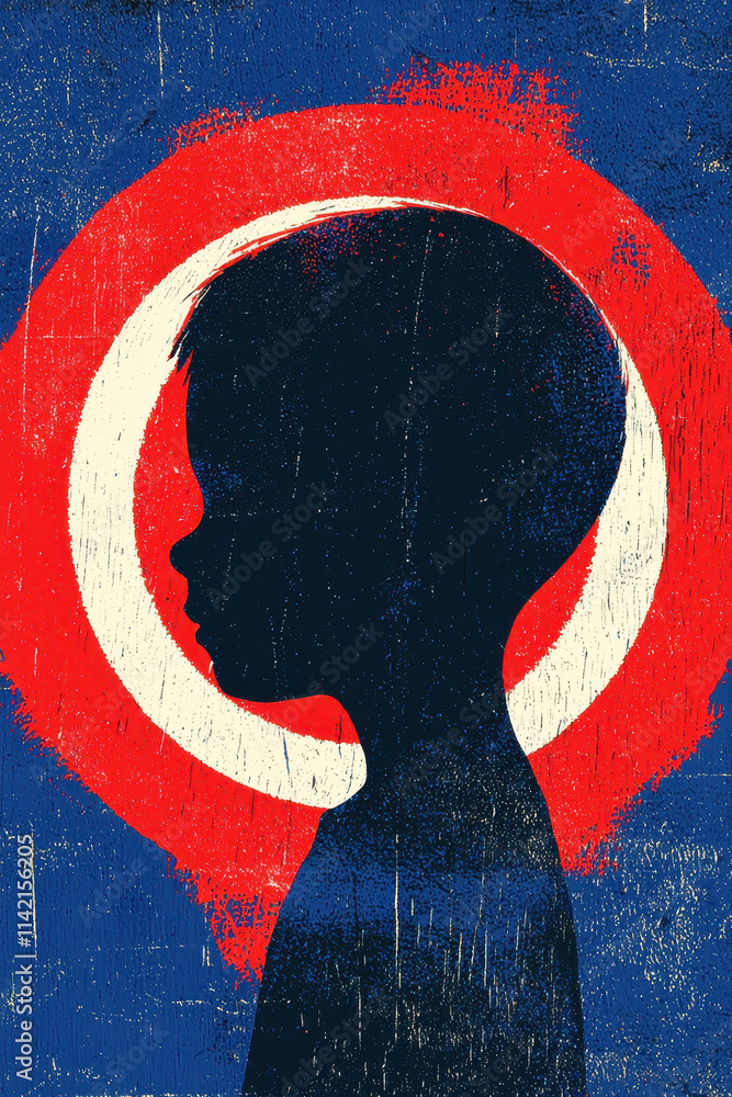 Poster dynamic abstract silhouette of a child against a bold red and blue background with circular design i