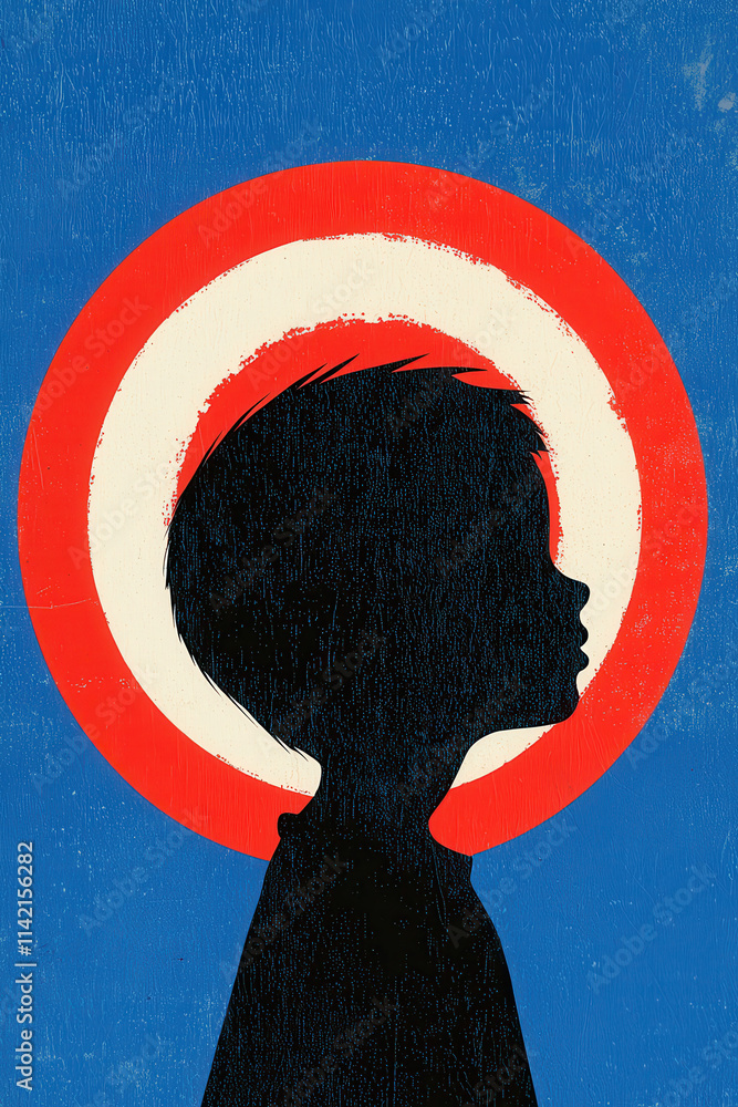 Poster captivating silhouette of child embodying symbolic expression in vibrant abstract design on colorful