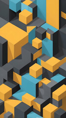 Abstract cubic minimalist background with sharp geometric blocks, mix of Charcoal, Mustard Yellow, Sky Blue